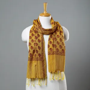 Yellow - Mangalagiri Handloom Block Printed Cotton Stole with Tassels